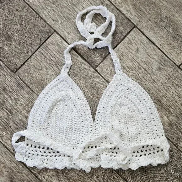 Hand Crafted White Crochet Halter Top Bralette Size L - Picture 6 of 8